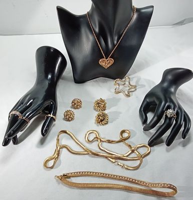 Vintage Gold-Tone Jewelry Lot, 9 Pieces Mixed. The lot includes a heart necklace with colored 