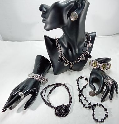 Jewelry Lot, 8 Pieces Silver-Tone Rhinestones. Mixed collection includes a charm bracelet with 