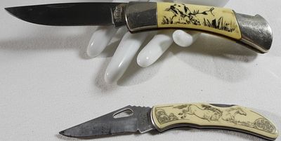 Sabre & Frost Cutlery Folding Knives, Scrimshaw. This lot includes one Sabre hunting scenes with 