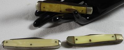 Vintage Pocket Knives Mother Of Pearl. Collection of three vintage folding pocket knives 