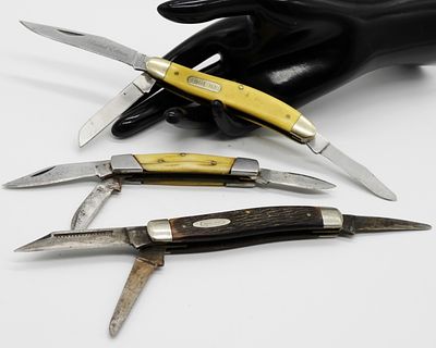 Vintage Folding Knife Lot, Mixed Makers. Three vintage folding knives showing honest use and 