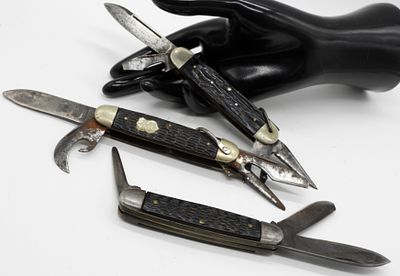 Vintage Multi-Tool Pocket Knives, Black Handles. Collection of three vintage multi-tool folding 