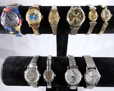 Lot of 10 Stretch Band Watches. Collection of ten quartz wristwatches with stretch metal bands 