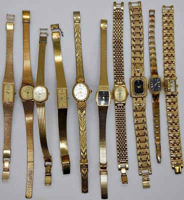 Lot of 10 Gold Tone Watches, Mixed Styles. A collection of ten gold tone watches spanning 