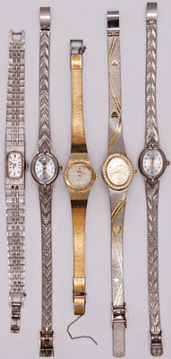 Five Women's Dainty Watches, Mixed Metals. A collection of five elegant women's dress watches 