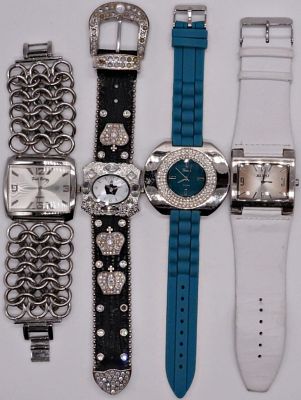 Four Women's Fashion Watches, Mixed Styles. Set of four large-face women's watches in stainless 