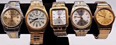 Five Men's Stretch Gold and Silver-Tone Watches. Lot of five quartz dress watches in mixed gold 