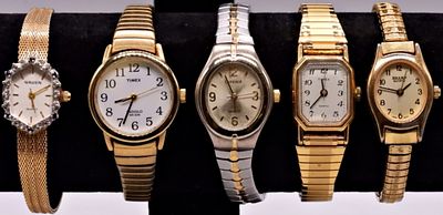 Five Ladies Watches, Gold Tone, 1980s-1990s. A collection of five gold-tone ladies' dress 
