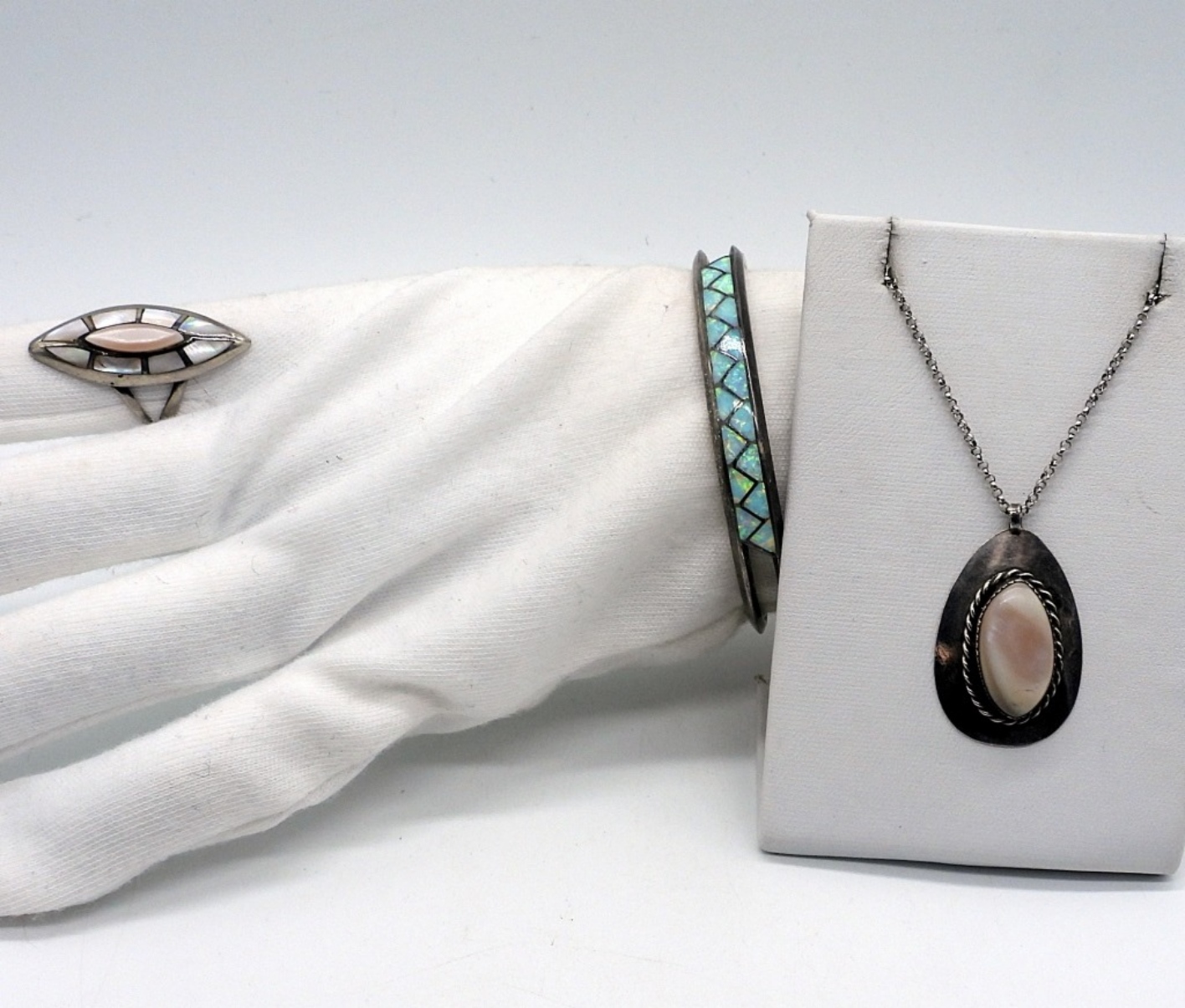 Mother of Pearl & Opal Cuff, Ring & Necklace
