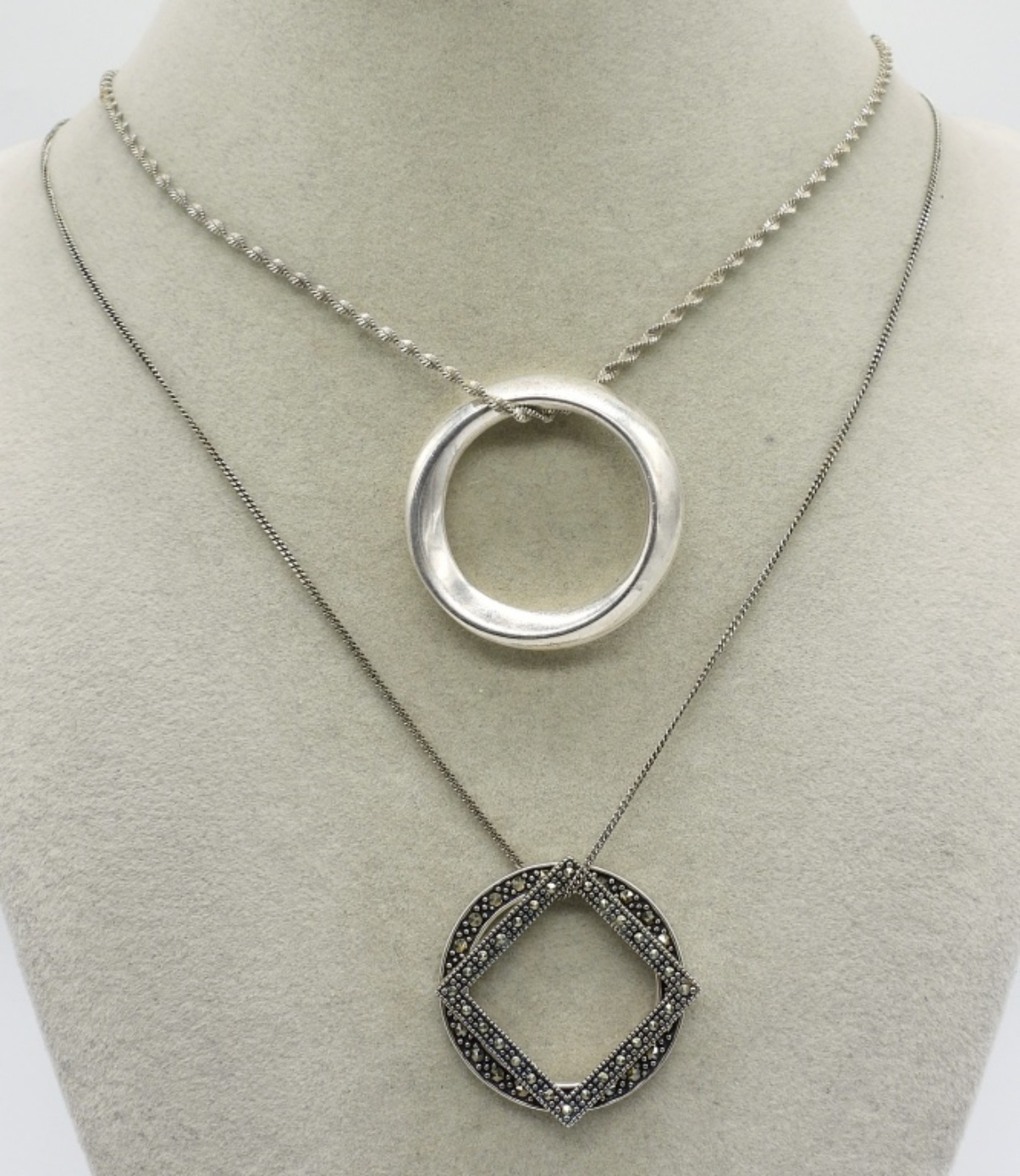 2 Sterling Necklaces - Marcasite & Plain