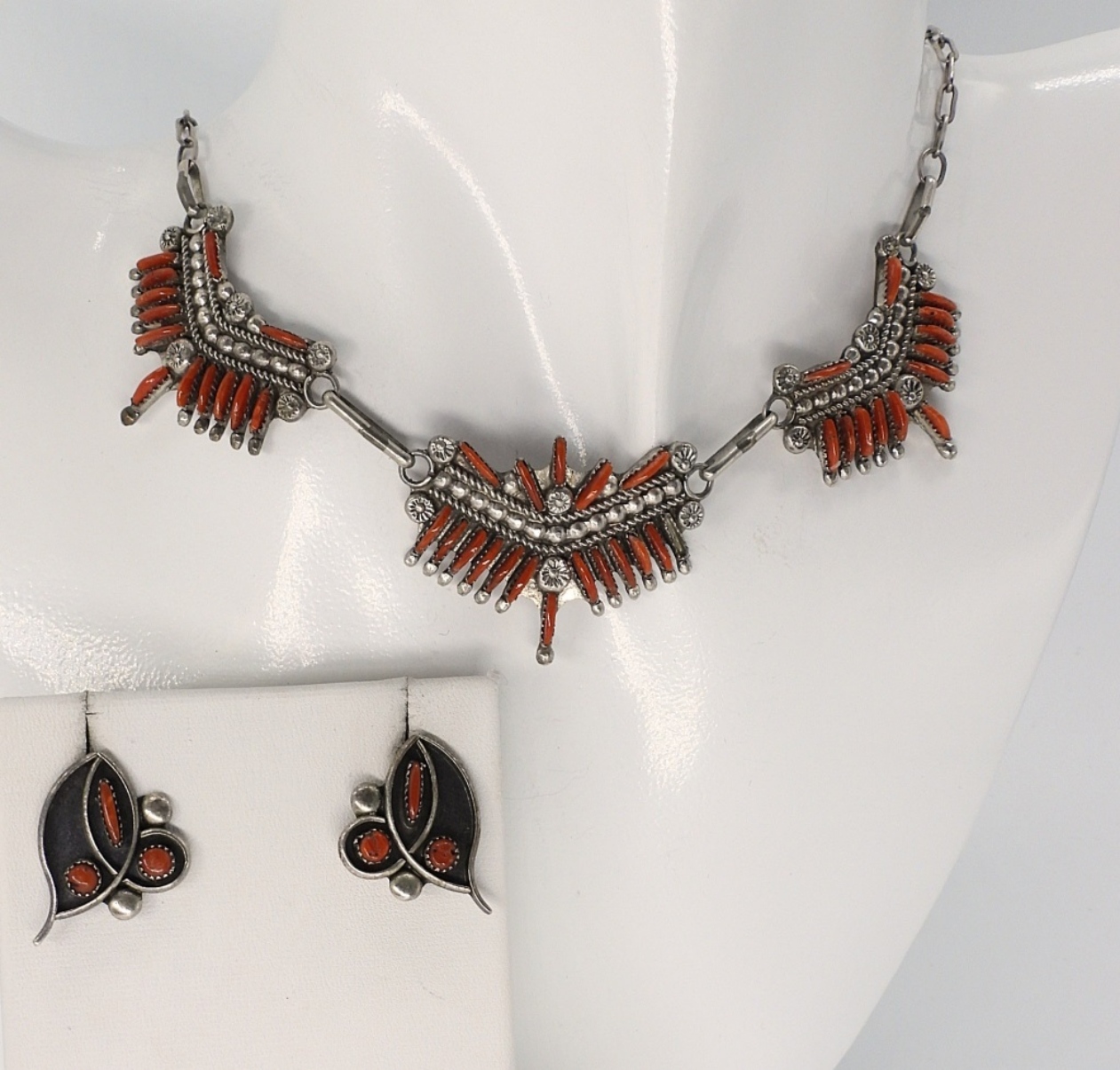 Zuni Red Coral 925 Necklace & Earrings