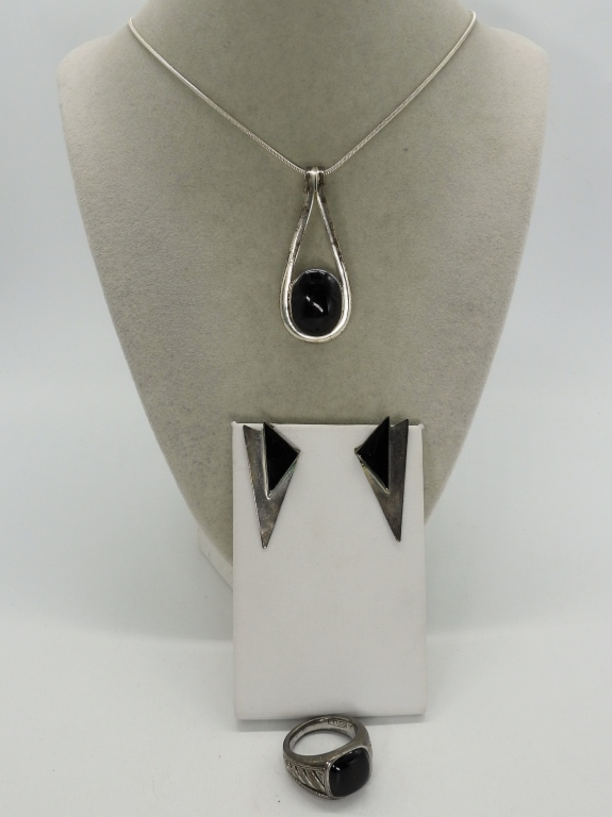 Black Onyx Sterling Necklace, Ring Set