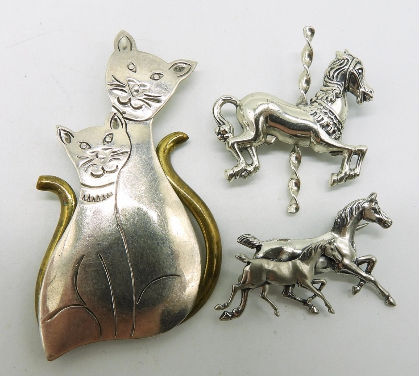 Taxco Cat Pin & Two Sterling Horse Pins