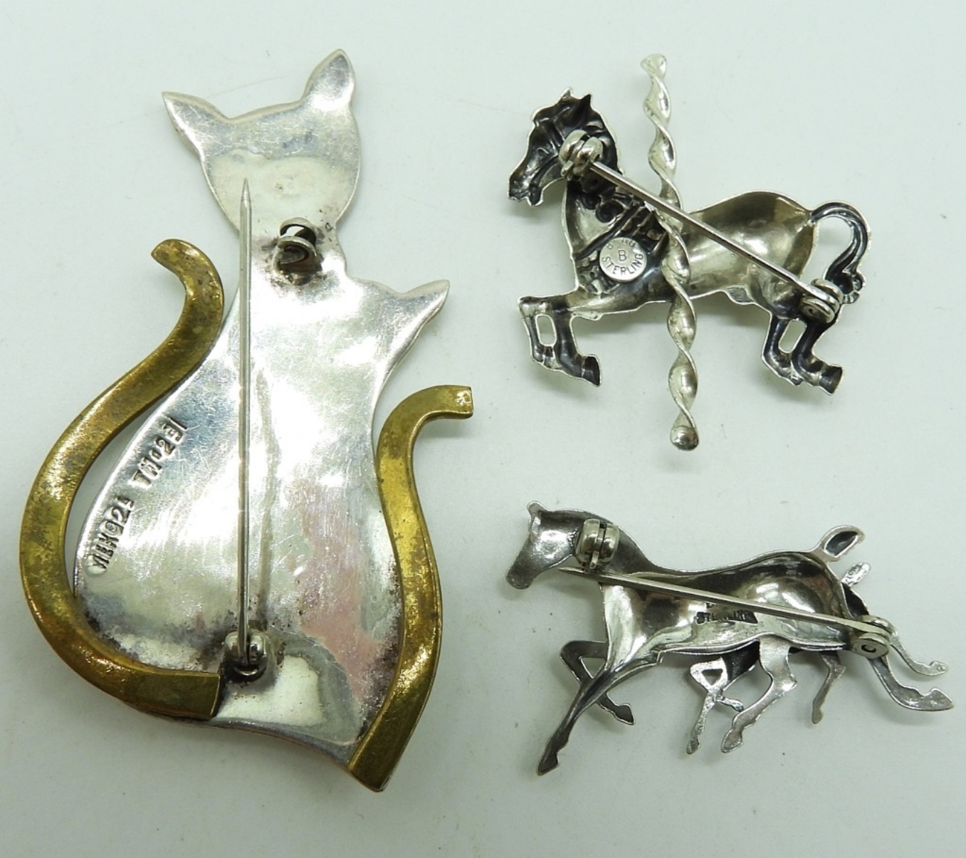 Taxco Cat Pin & Two Sterling Horse Pins