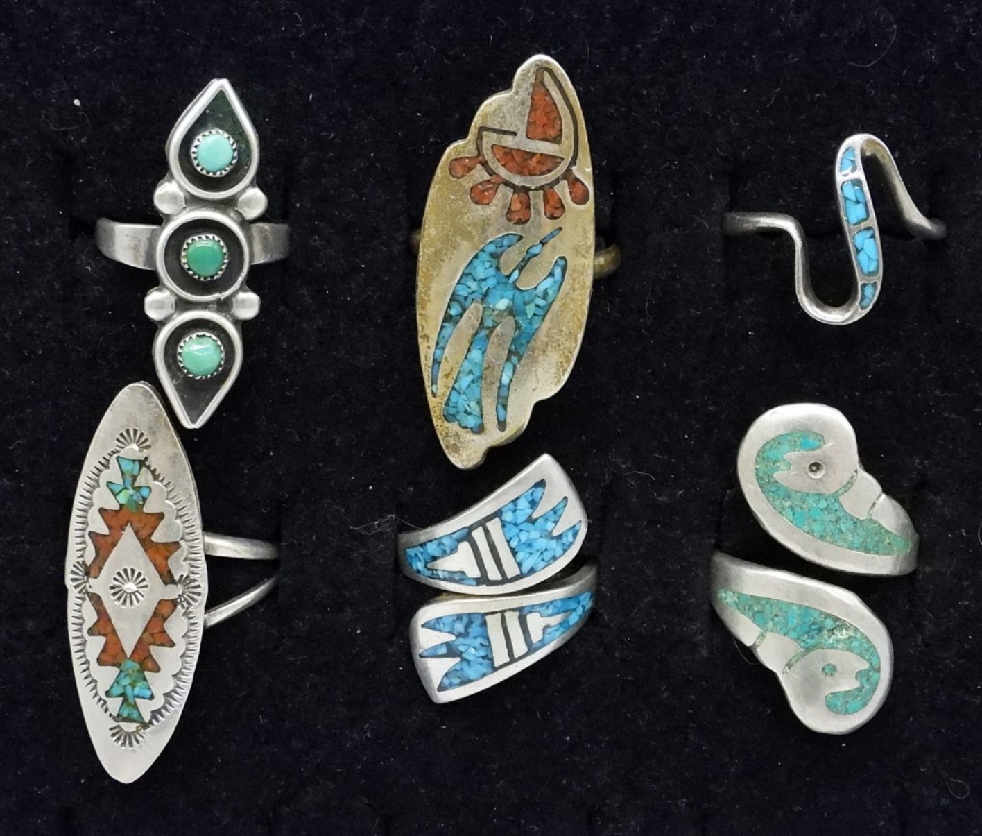 6 Sterling Turquoise Inlay Fashion Rings