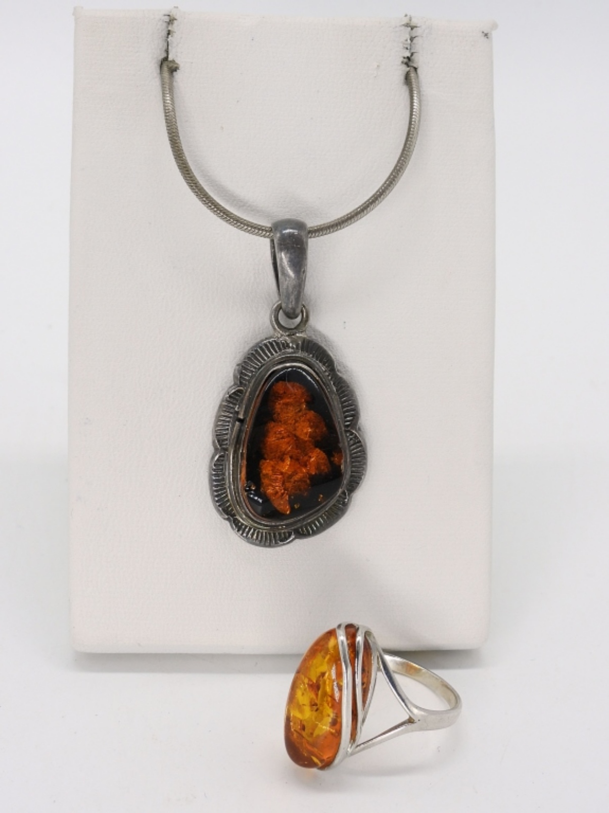 Amber Gemstone Sterling Ring & Necklace
