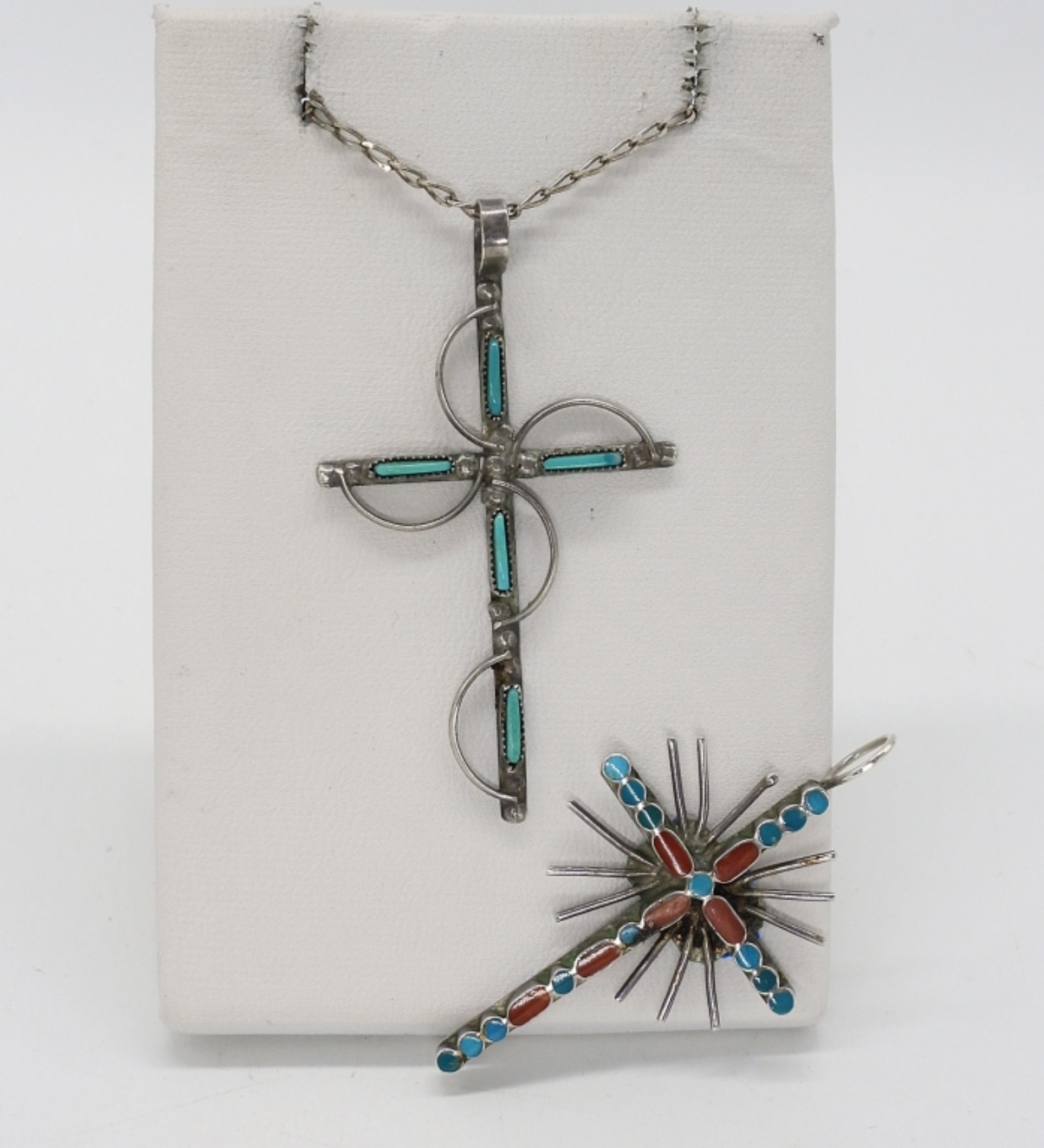 2 Turquoise Sterling Cross Pendants & Chain