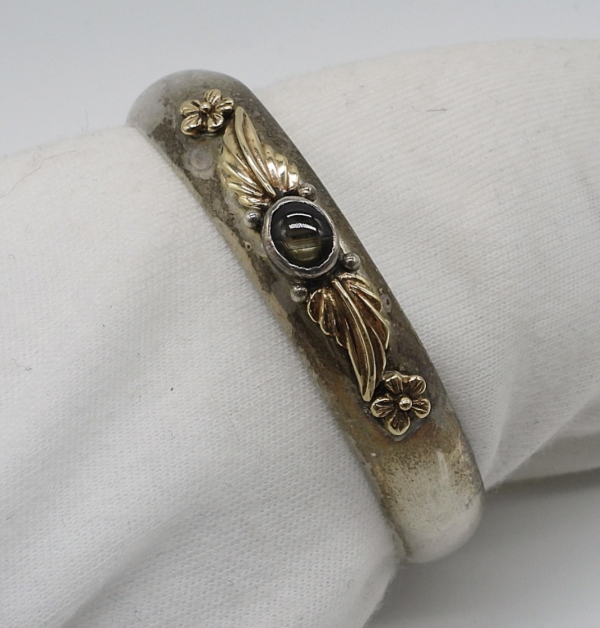 Sterling, 14k Gold & Cats Eye Cuff Bracelet