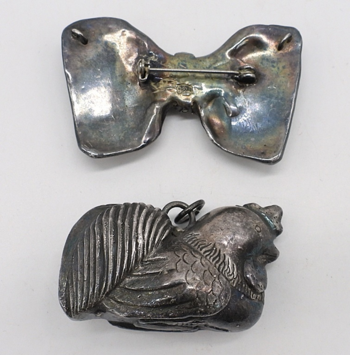 Puffed Sterling Bow Brooch & Chicken Pendant