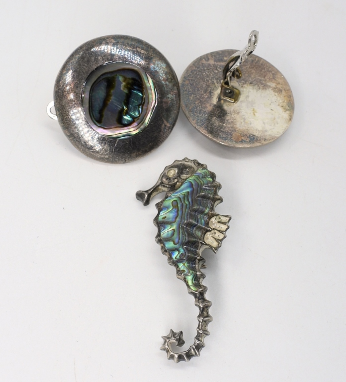 Taxco Abalone Clip-On 925 Earrings & Pin