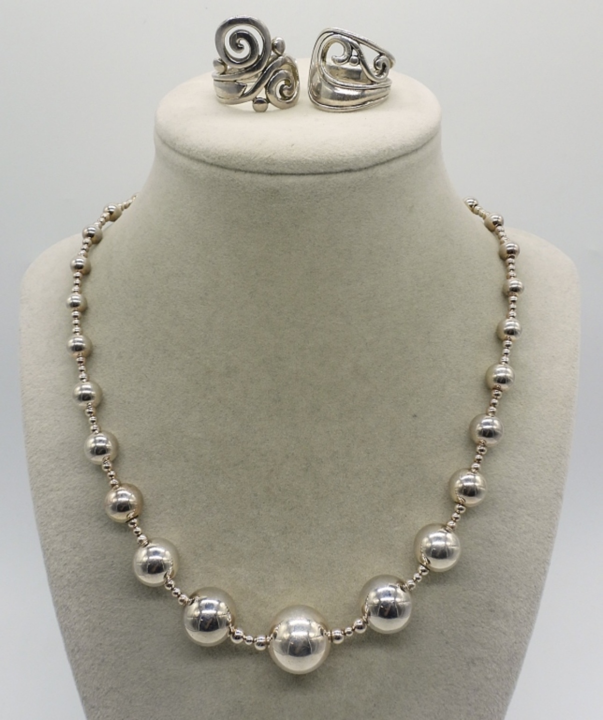 Sterling Beaded Necklace & Swirly Rings