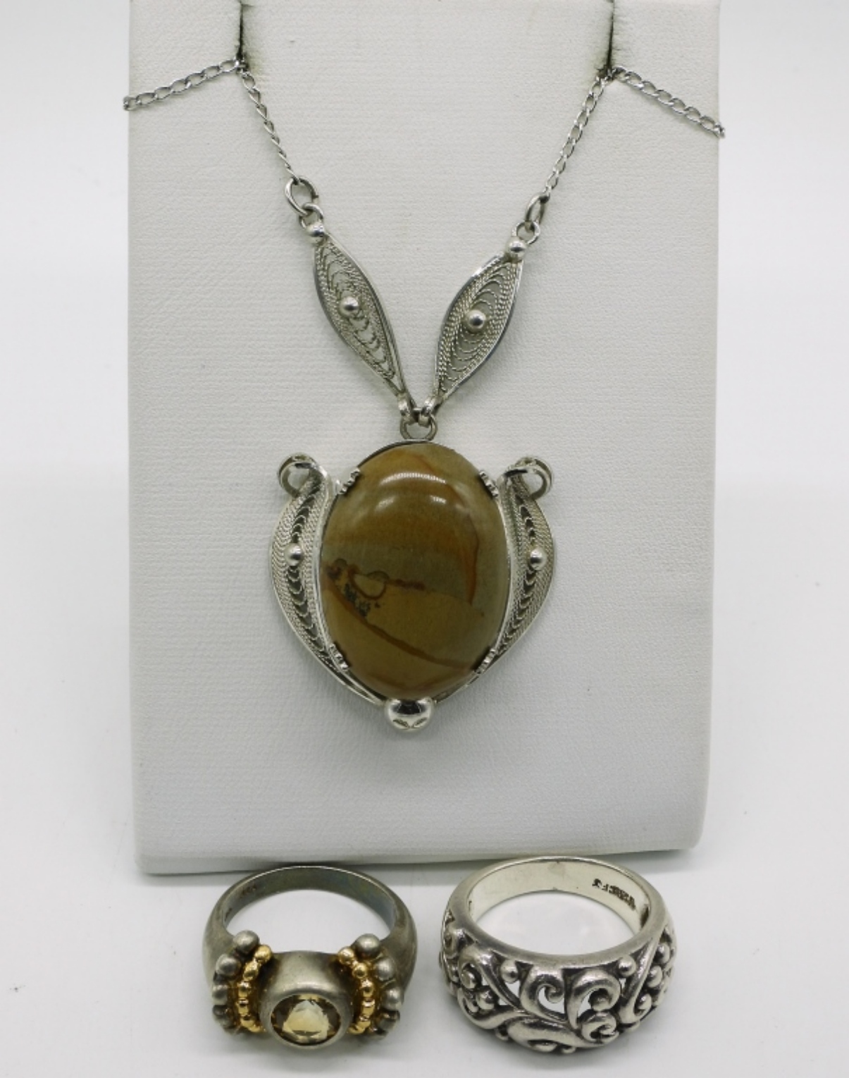 Vintage 925 Jasper Necklace & 2 Rings