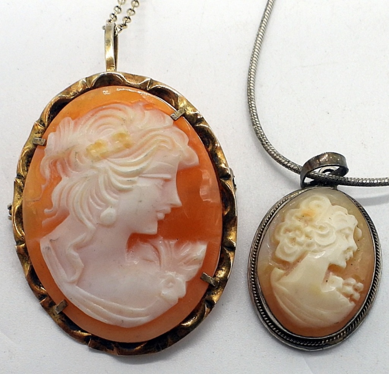 2 Sterling Cameo Pendants & Chain