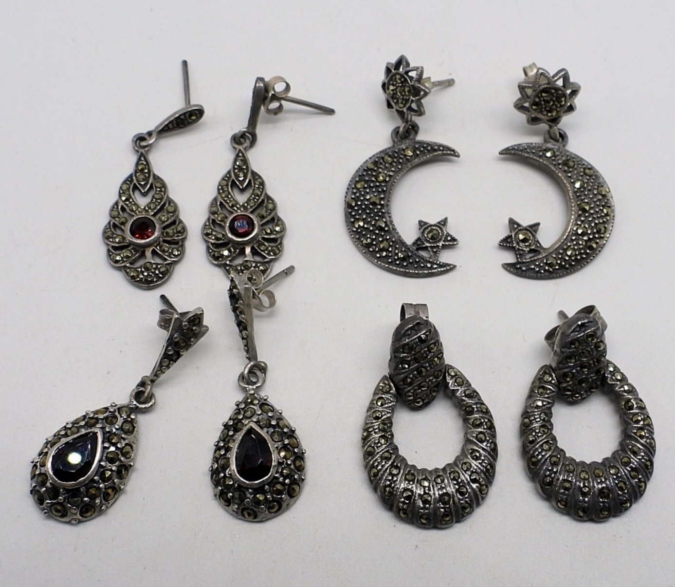 4 Pair Sterling Pierced Marcasite Earrings
