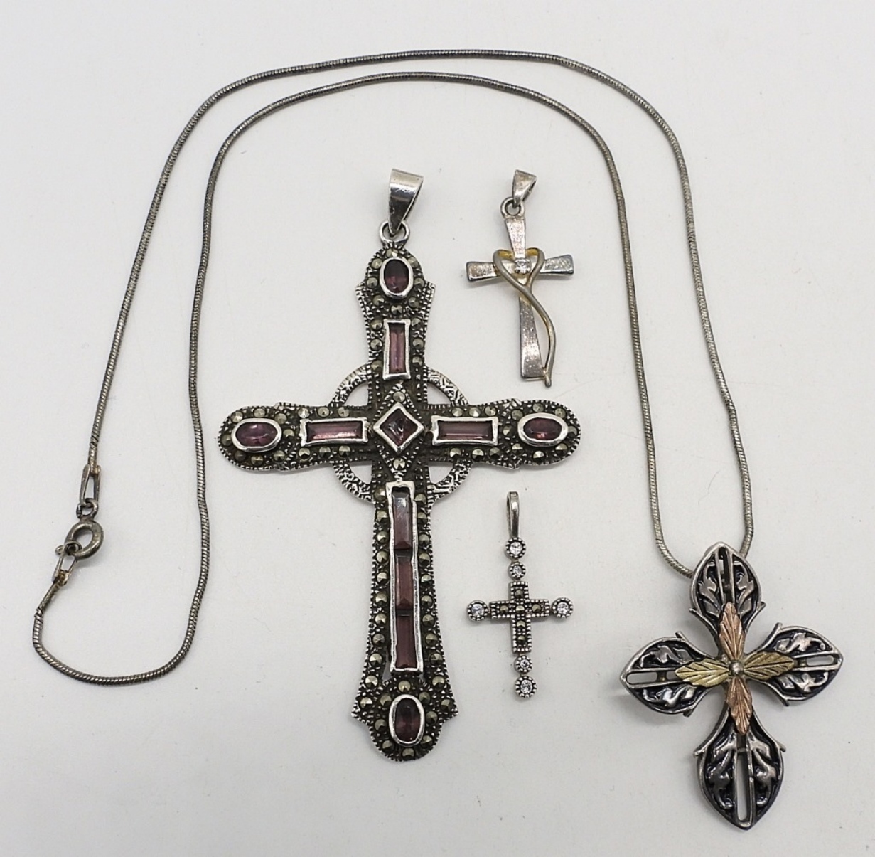 4 Sterling Cross Pendants & Chain