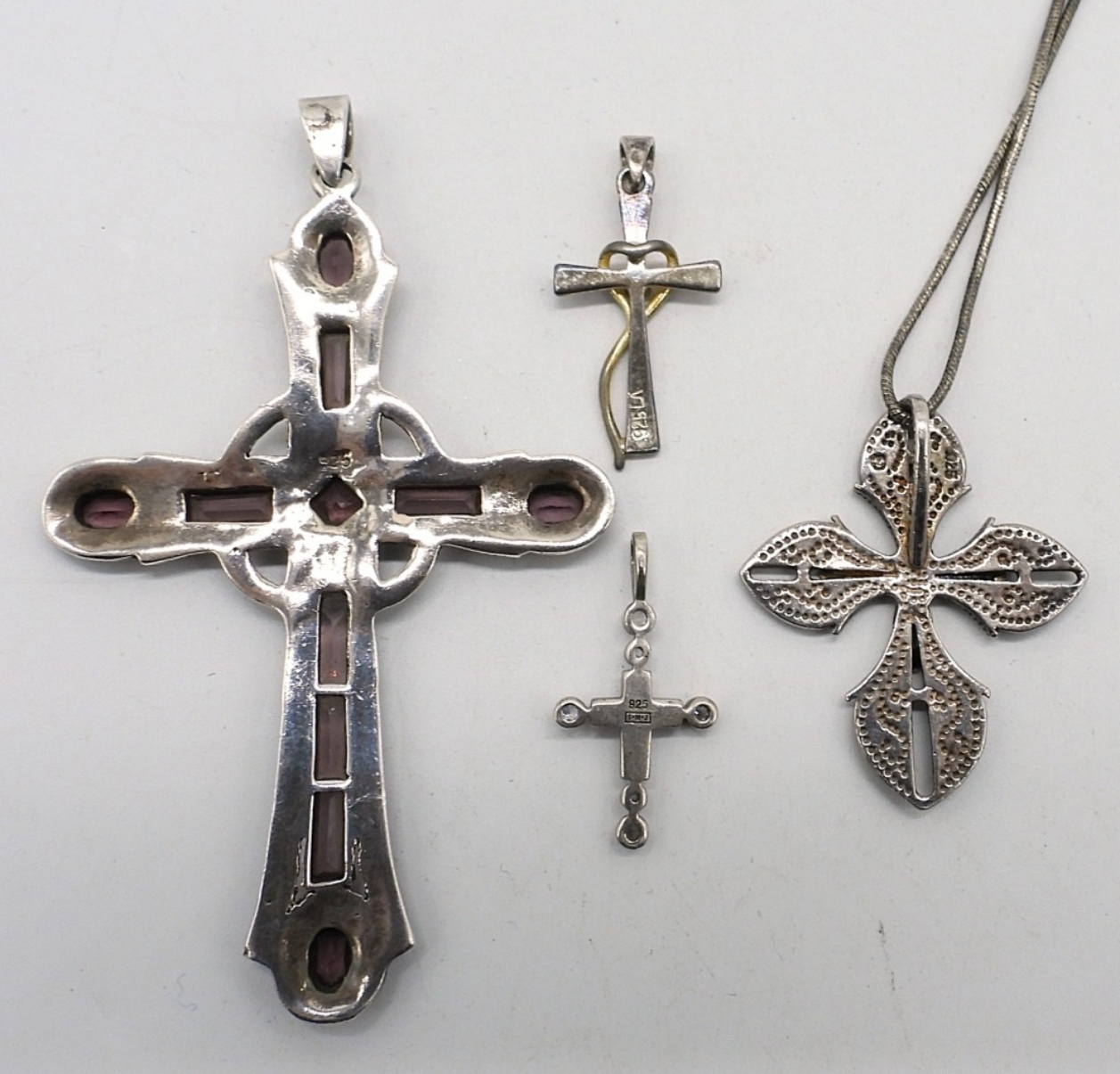 4 Sterling Cross Pendants & Chain