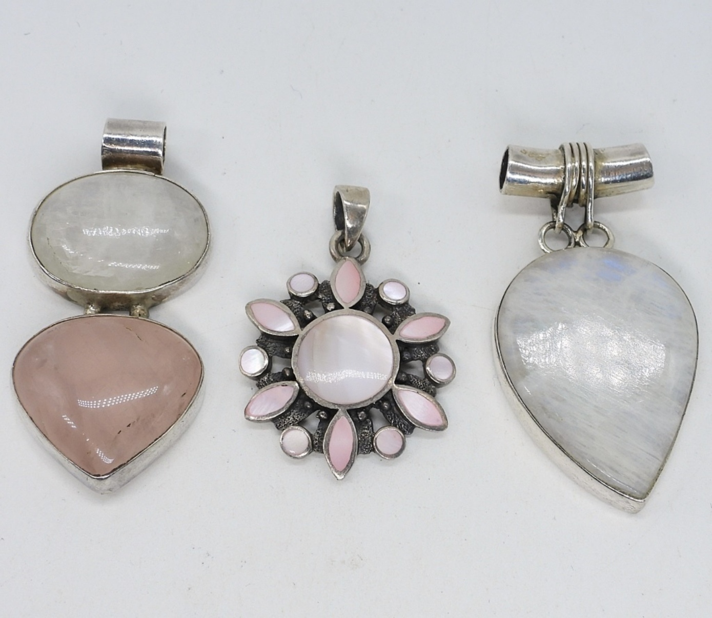 Moonstone, Rose Quartz & MoP Pendants