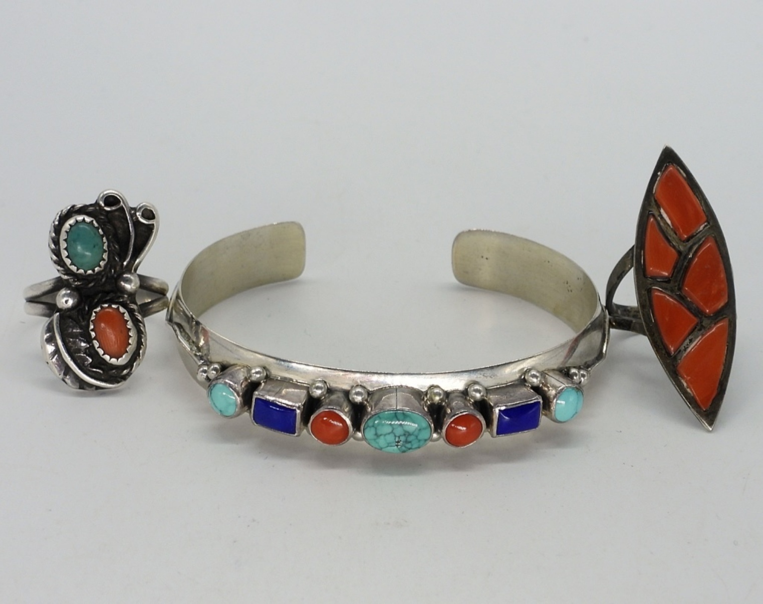 Turquoise, Red Coral 925 Rings & Cuff