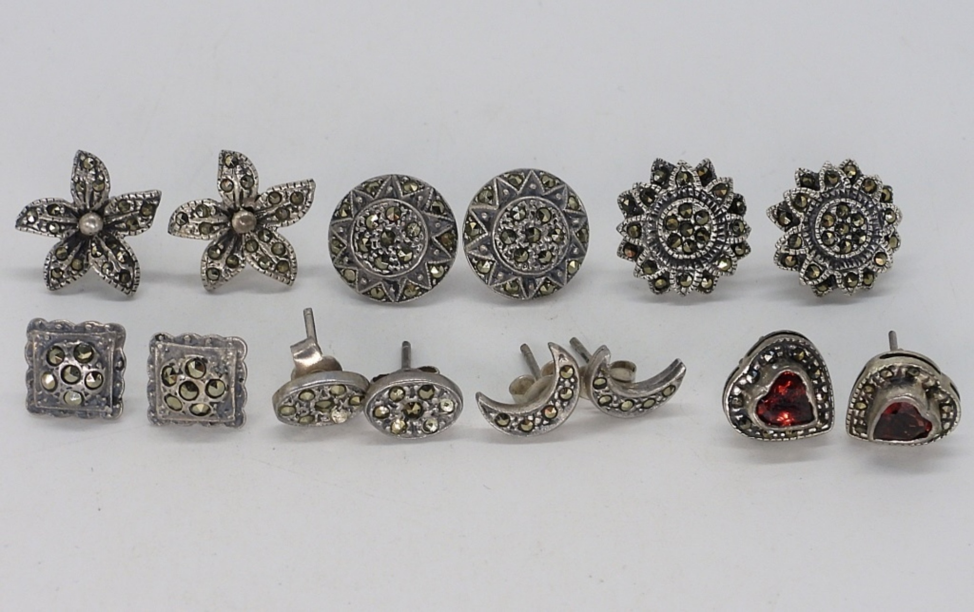 7 Pair of Sterling Marcasite Pierced Earrings