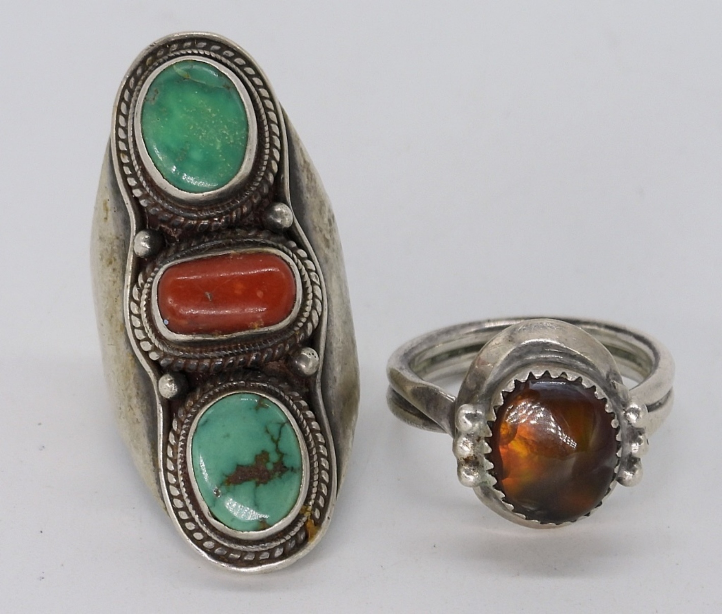 Fire Agate, Turquoise & Red Coral 925 Rings