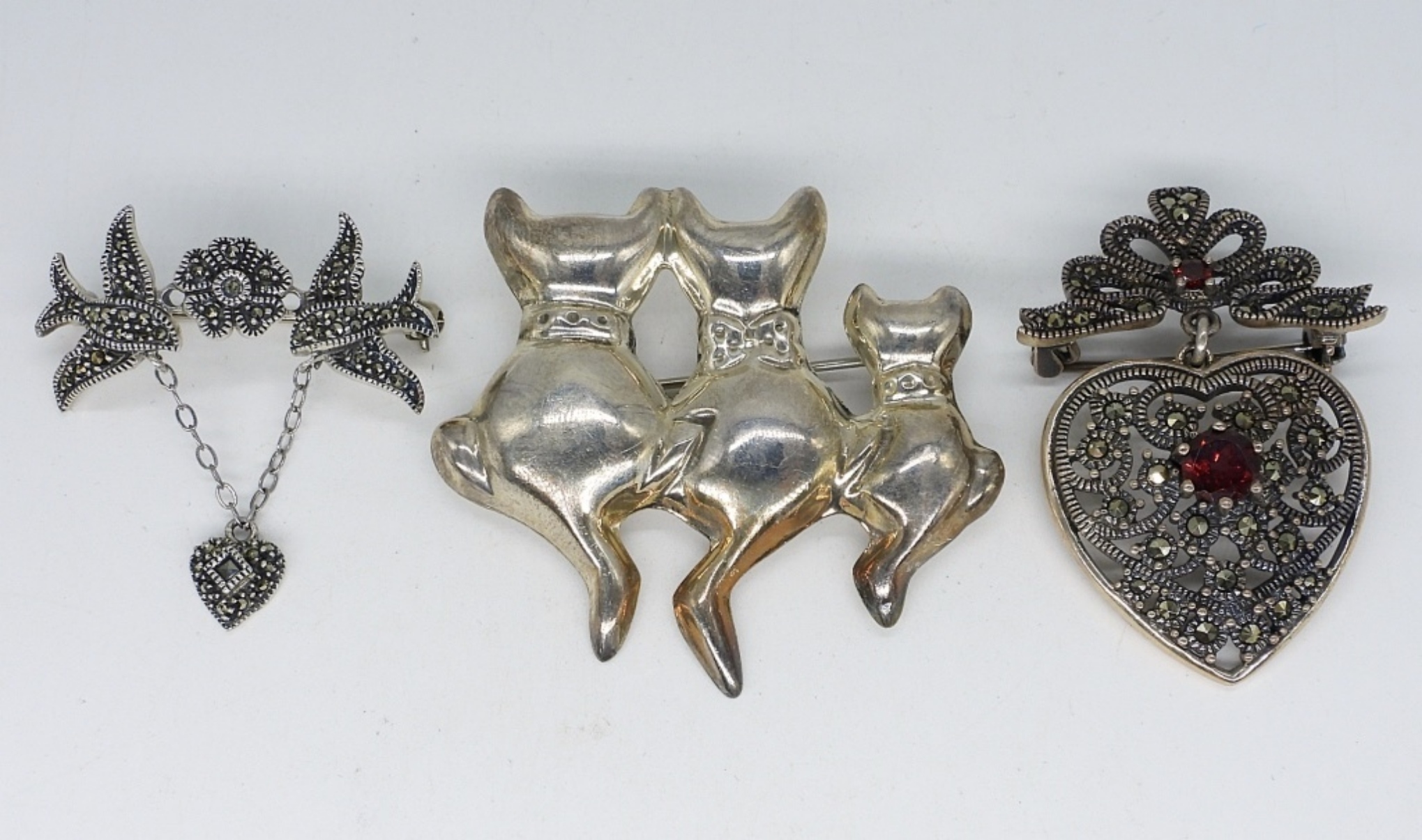 3 Vintage Marcasite Sterling Brooches