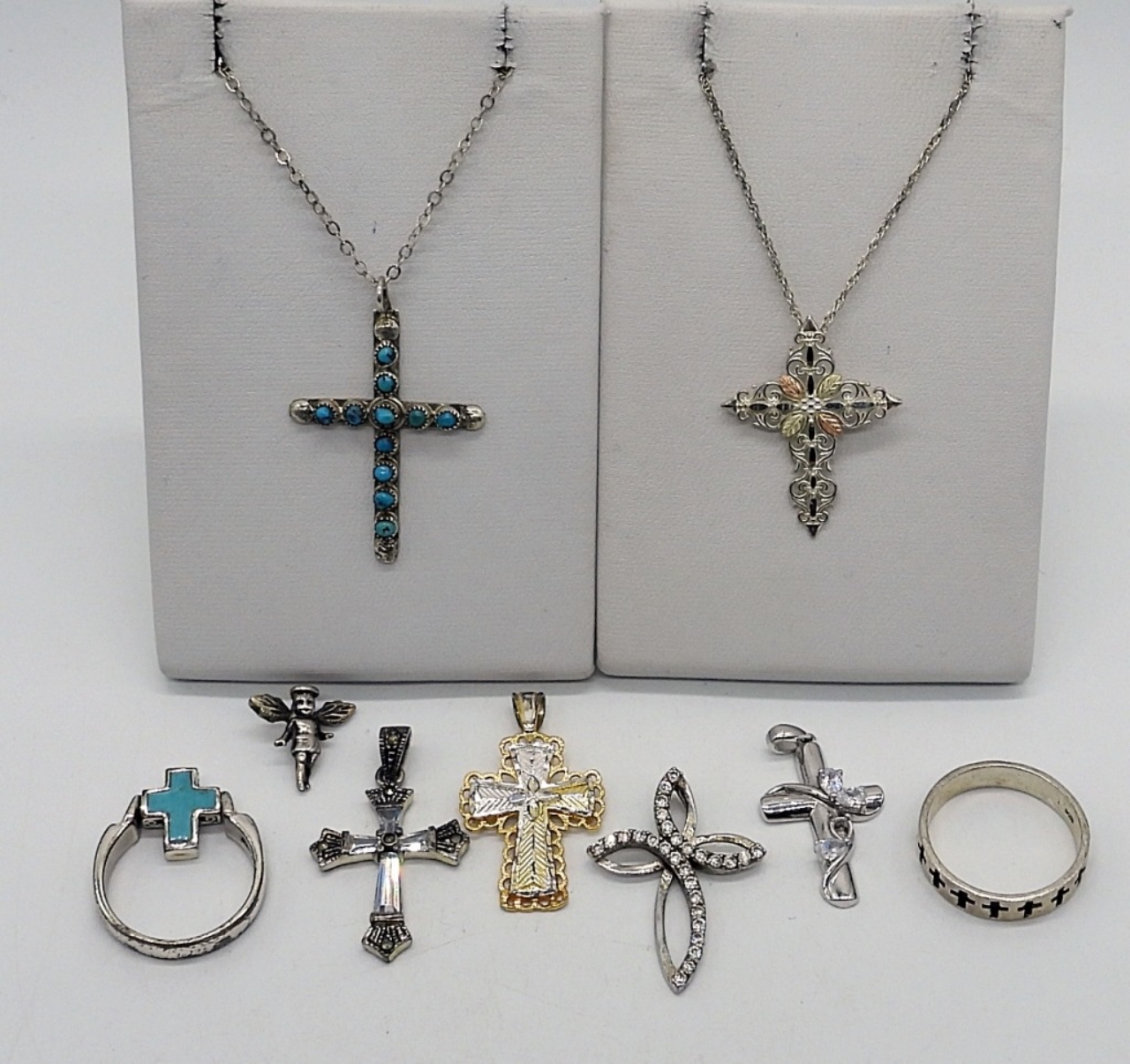 9 Sterling Cross Pendants and Rings