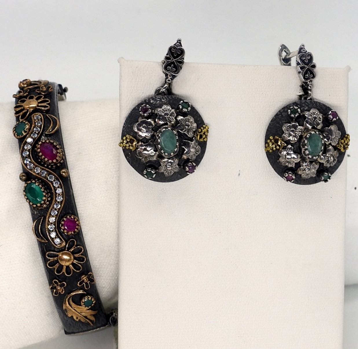 Ruby & Emerald Sterling Earring & Bracelet