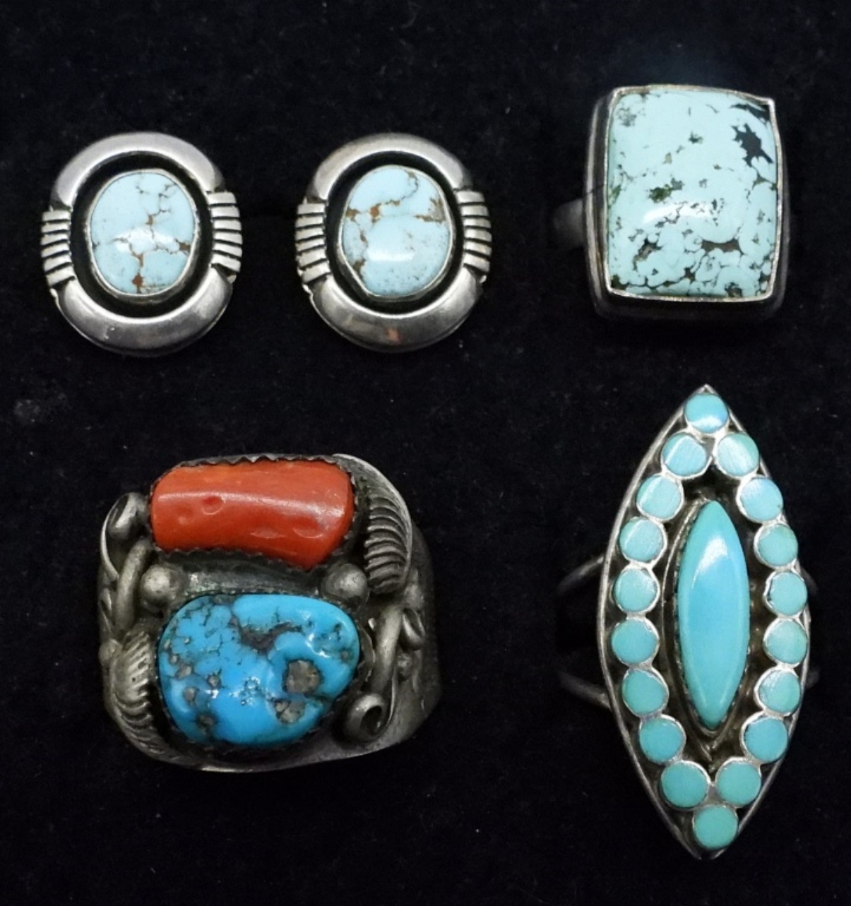 Blue Turquoise & Red Coral 925 Rings Earrings