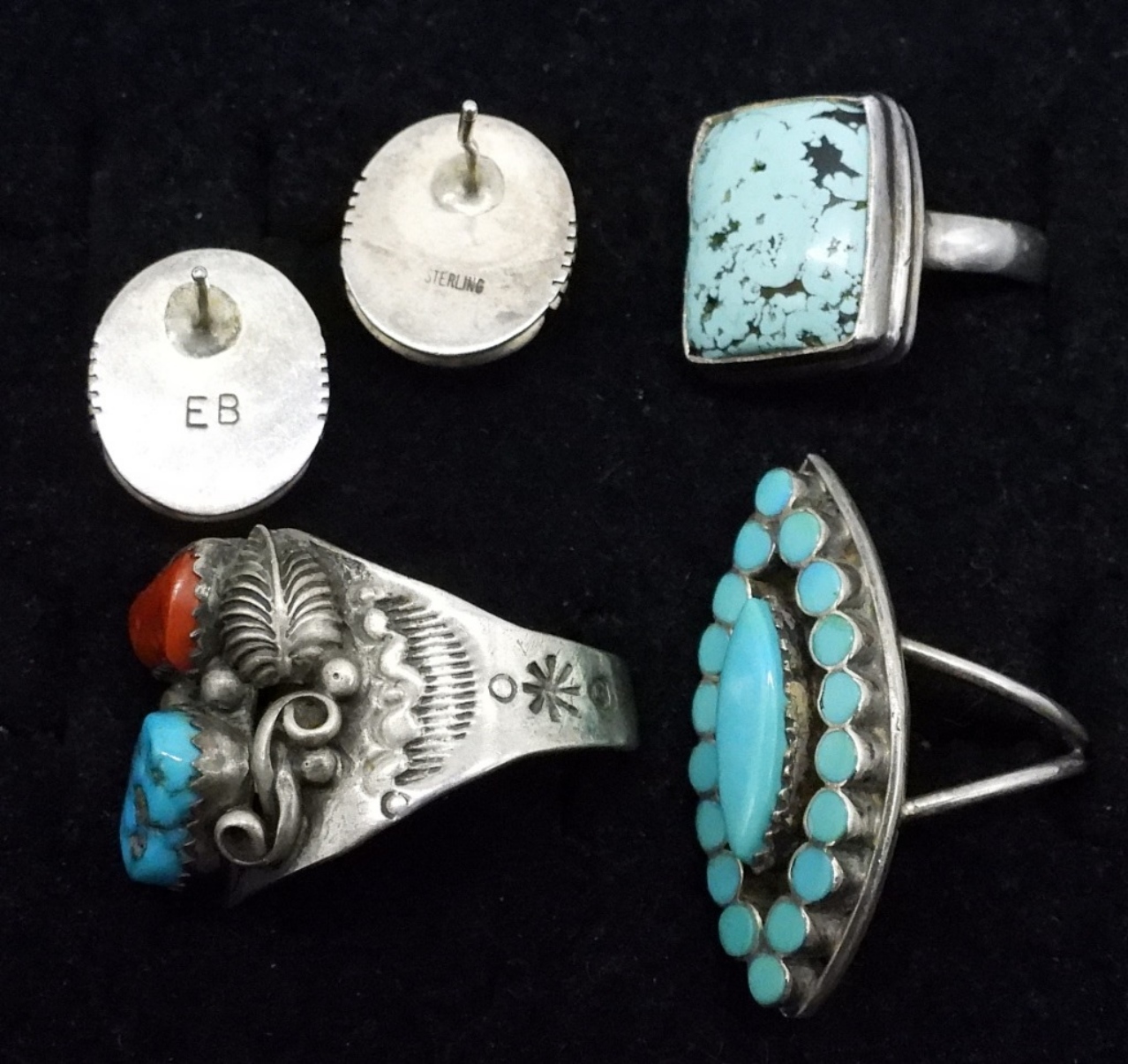 Blue Turquoise & Red Coral 925 Rings Earrings