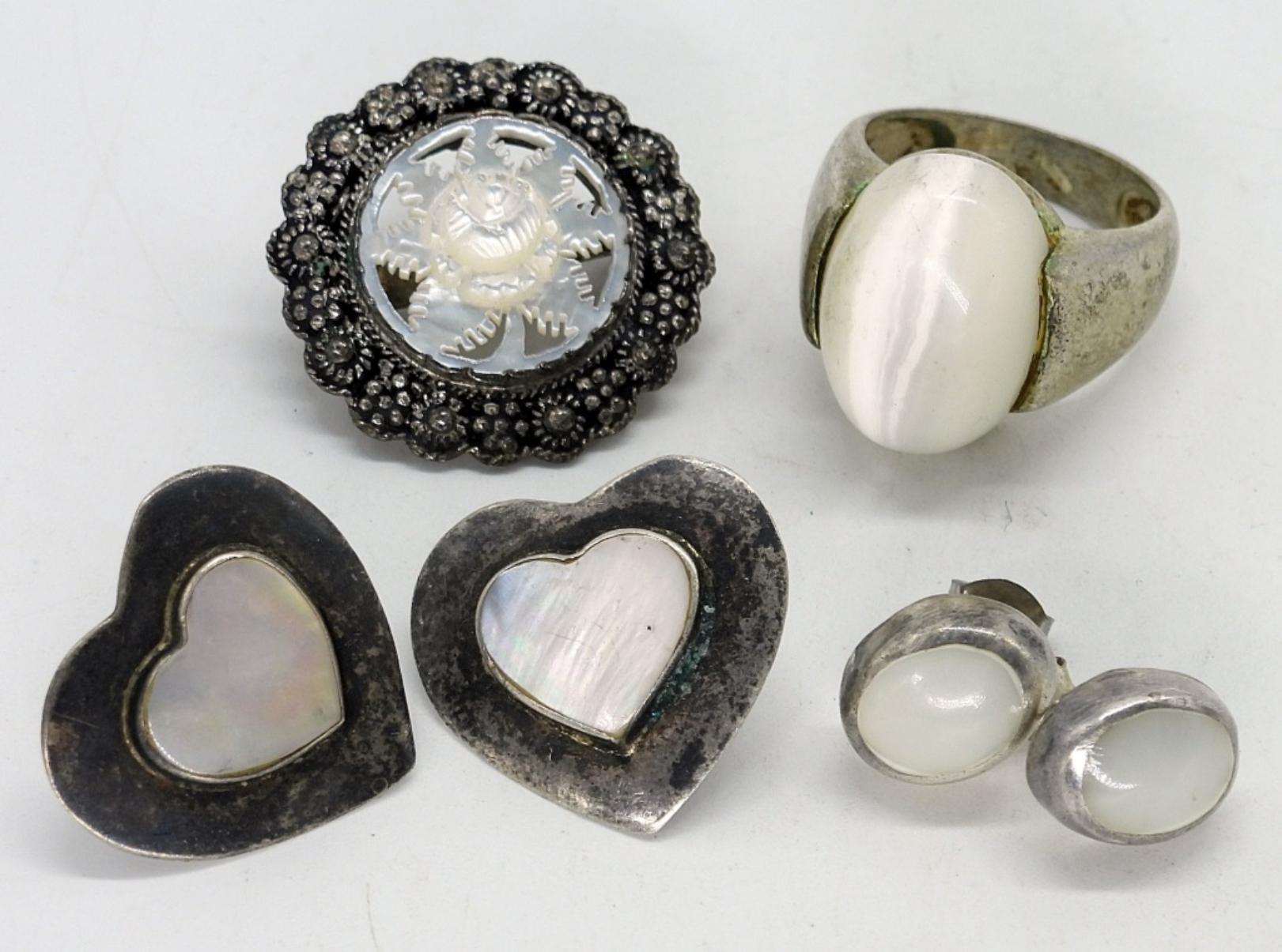 Mother of Pearl, Sterling Earrings, Ring & Pin
