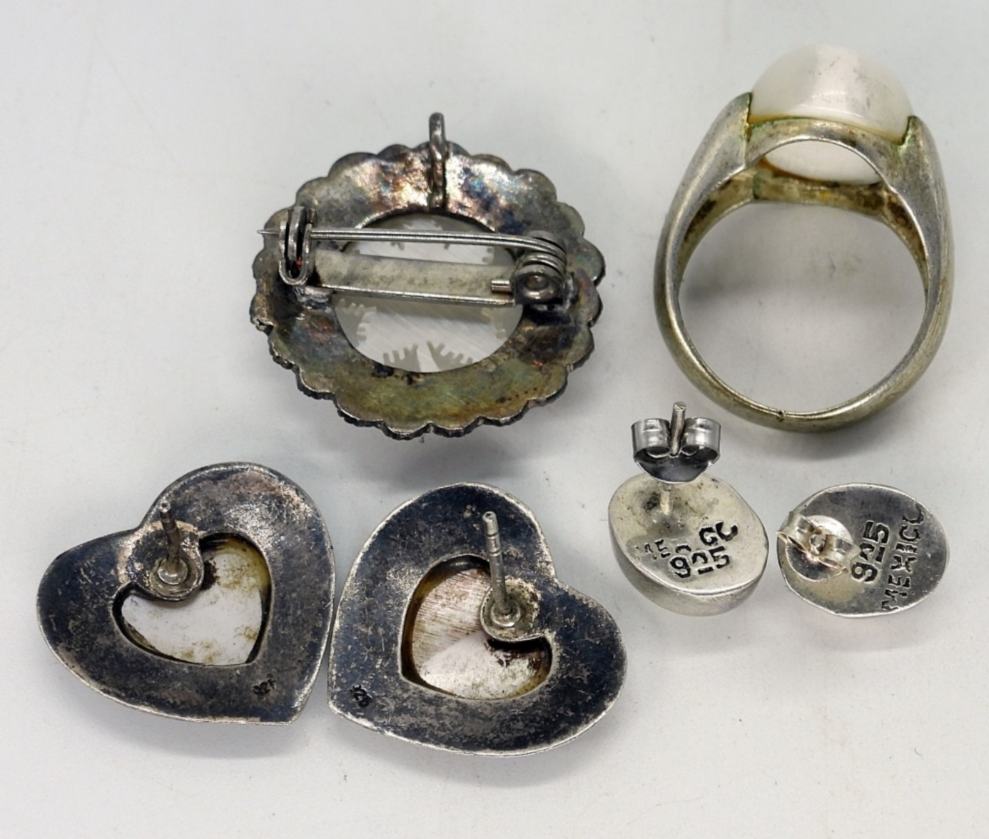 Mother of Pearl, Sterling Earrings, Ring & Pin