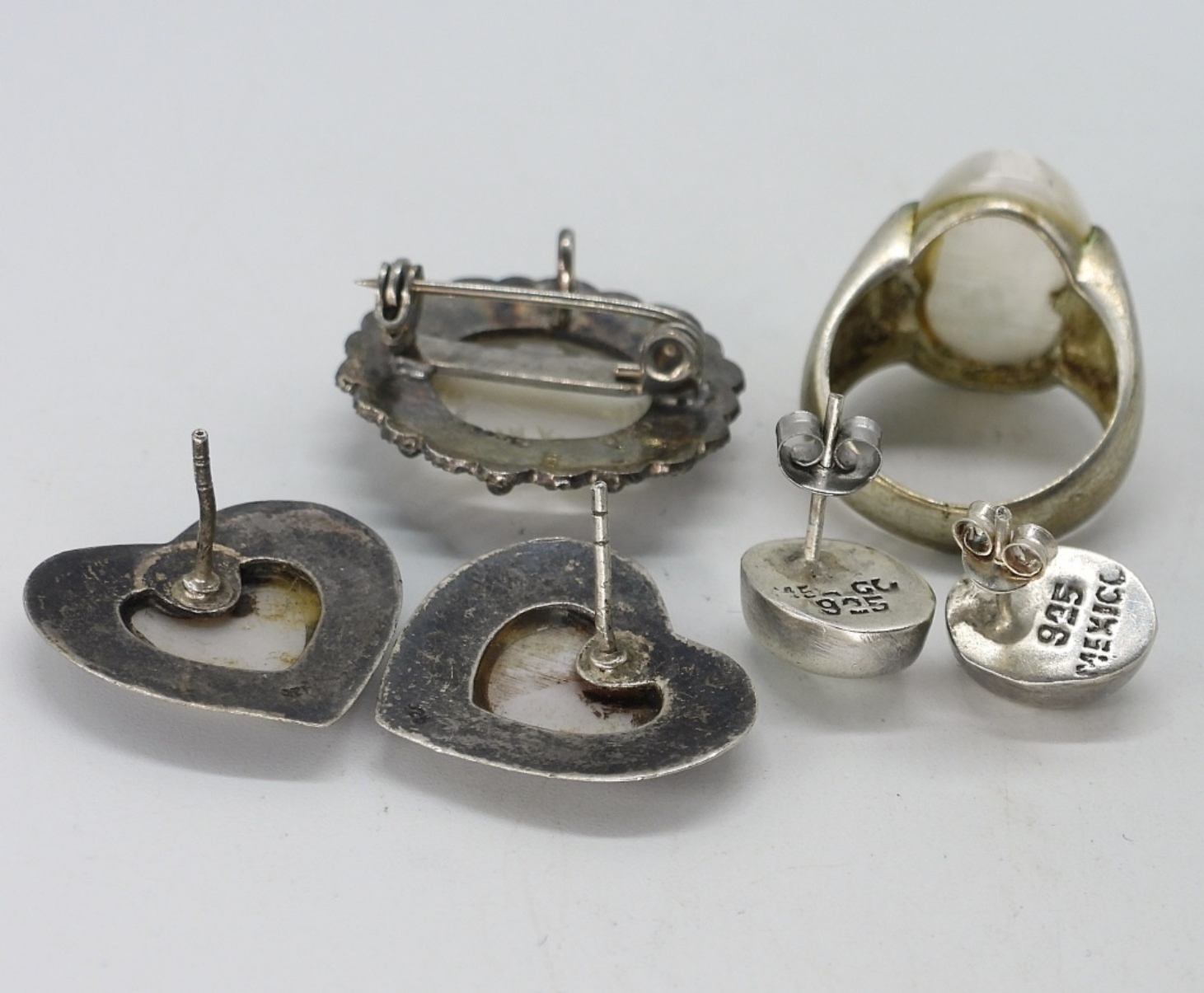 Mother of Pearl, Sterling Earrings, Ring & Pin