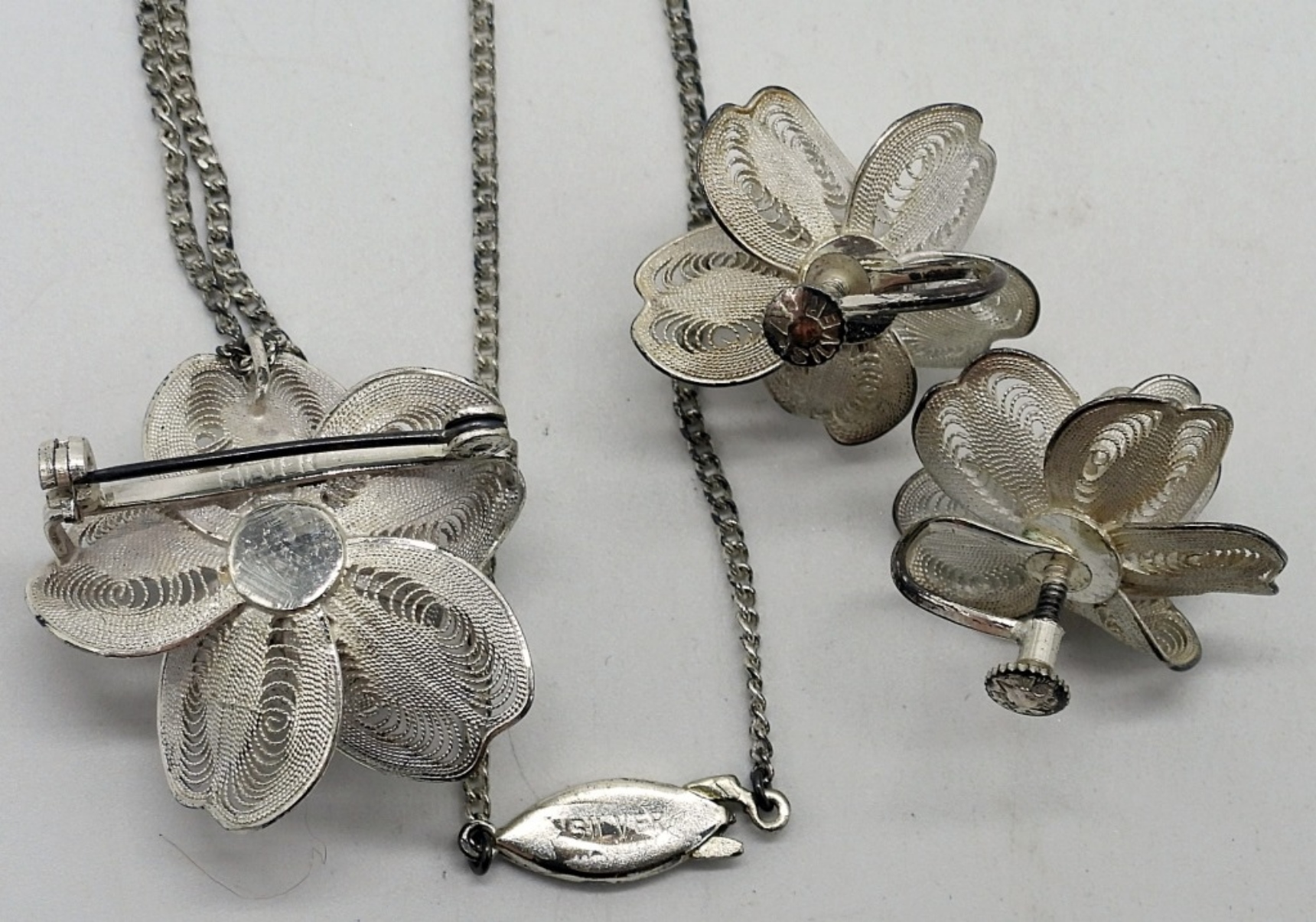 Filigree Silver Pearl Pendant & Earrings