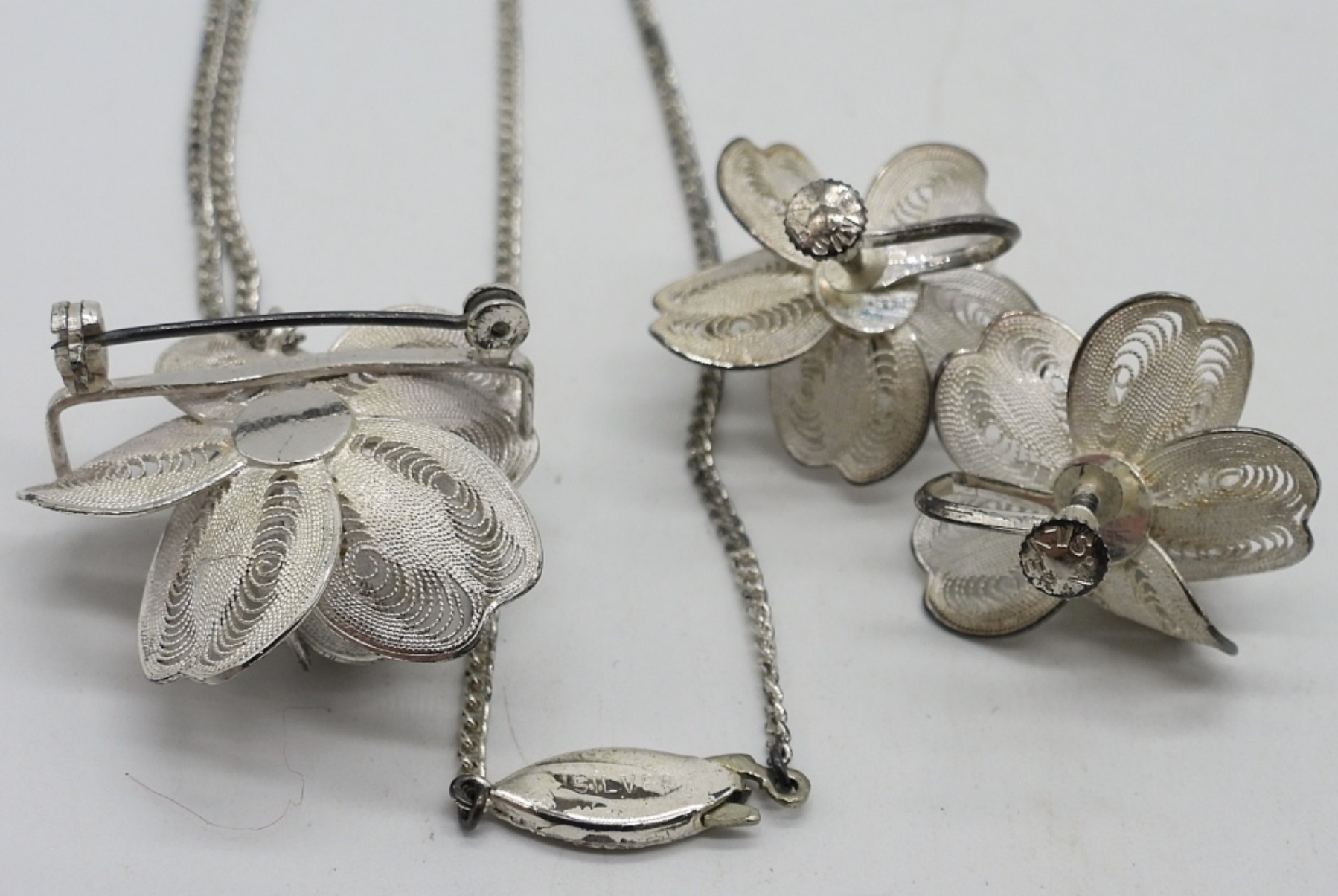 Filigree Silver Pearl Pendant & Earrings