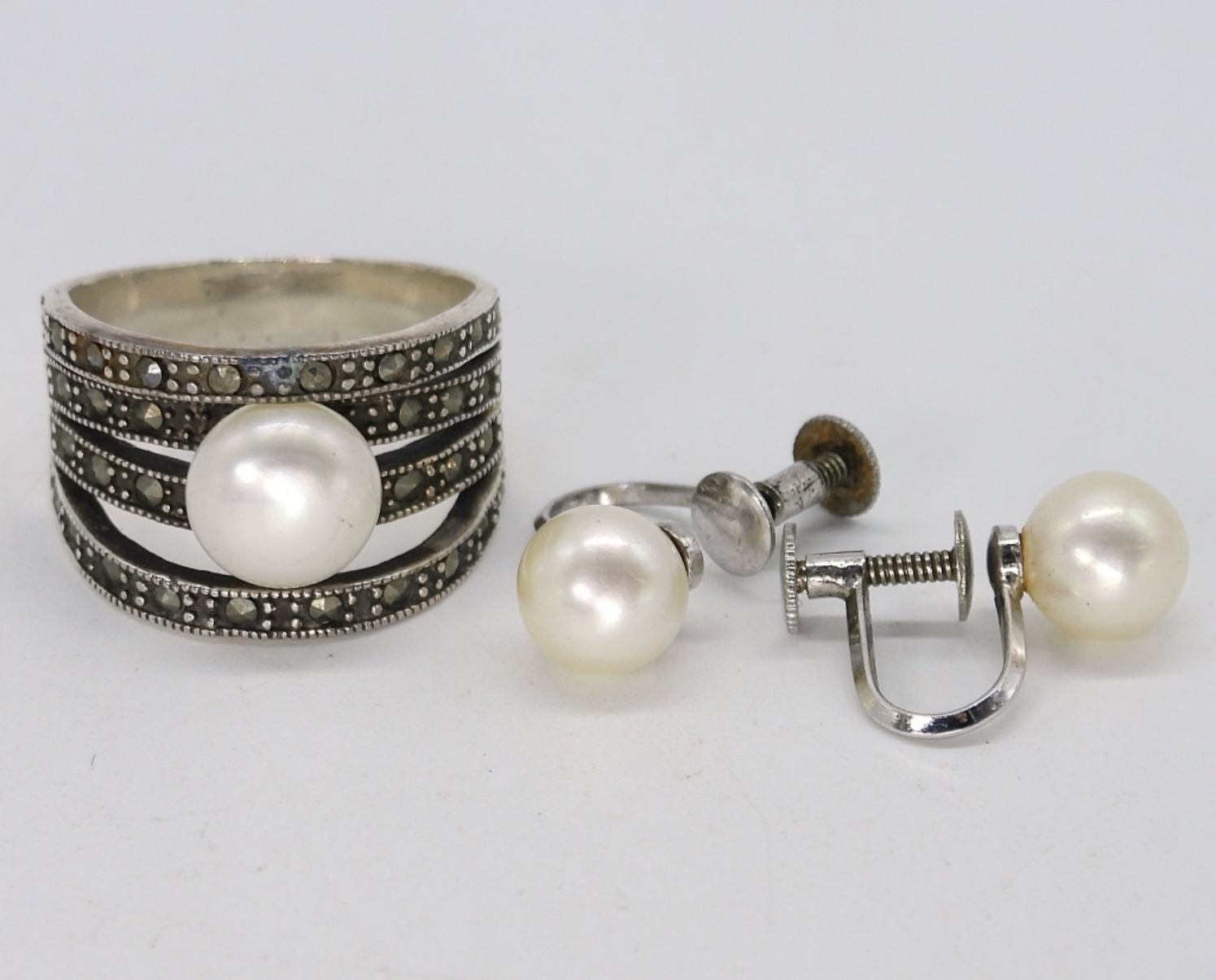 Sterling Pearl & Marcasite Ring & Earrings