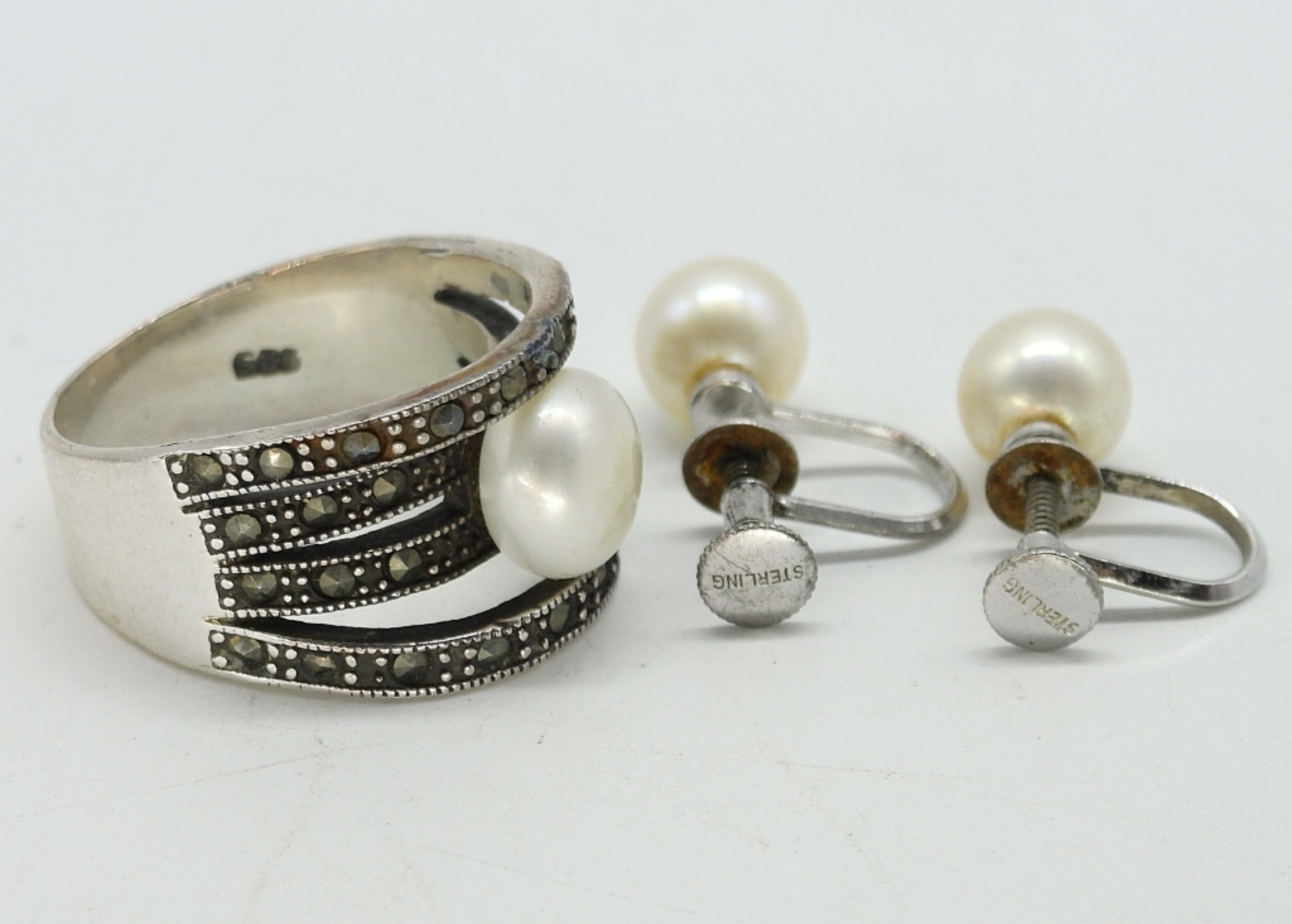 Sterling Pearl & Marcasite Ring & Earrings