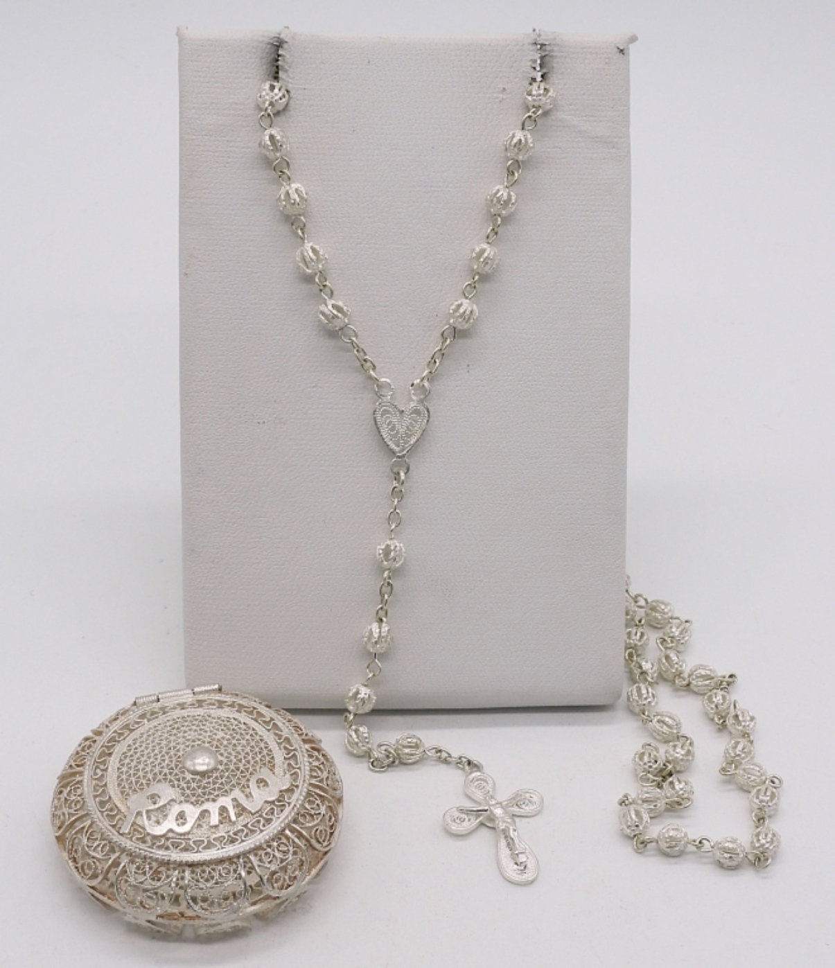 Silver Filigree Trinket Box & Rosary