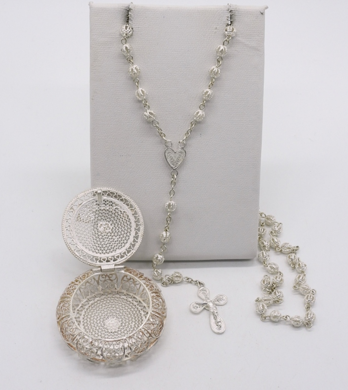 Silver Filigree Trinket Box & Rosary