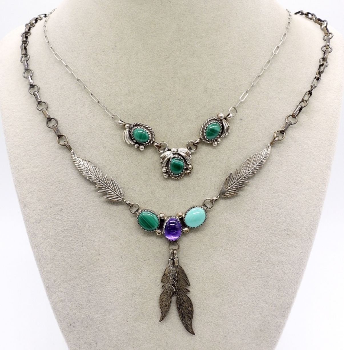 2 Native American 925 Malachite Necklaces