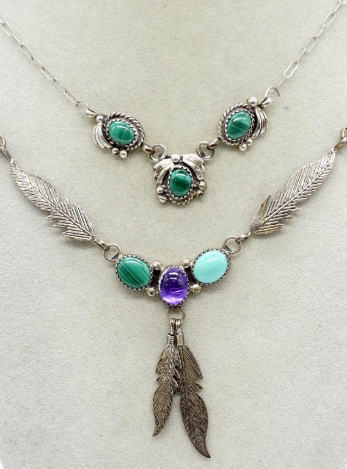 2 Native American 925 Malachite Necklaces